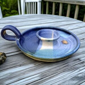 Vintage Studio Pottery Blue Candlestick Holder with Sea Turtle accent